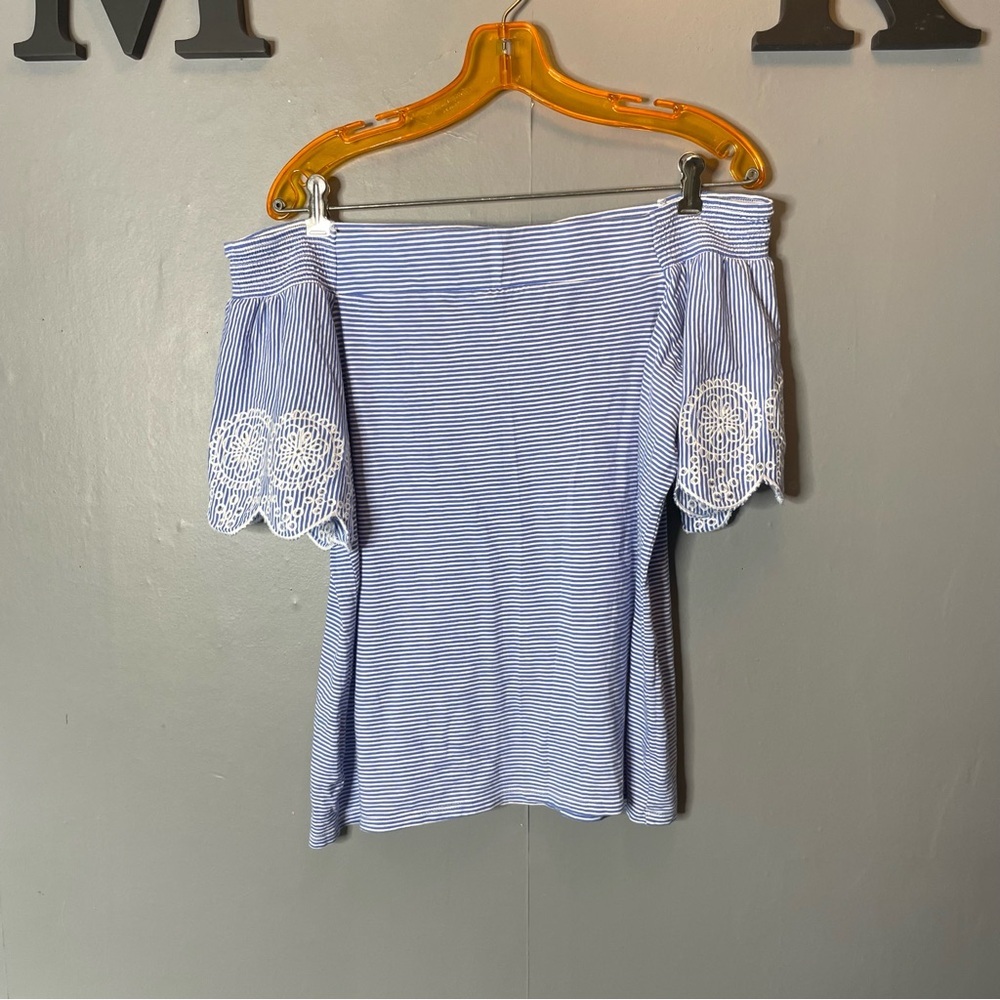 Loft Blue Striped Off-Shoulder Top with lace detail size medium